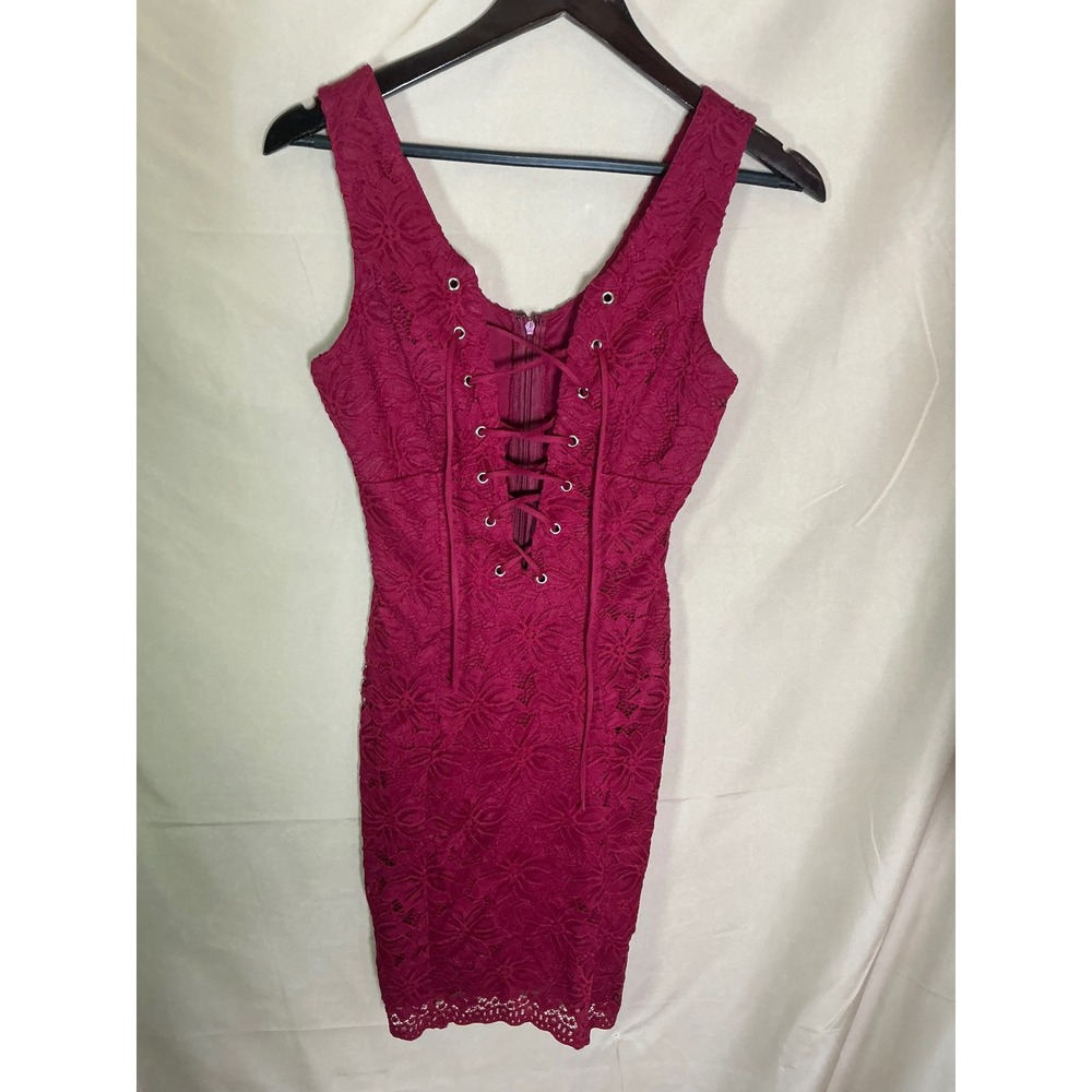 Burgundy Floral LaceBodycon Dress Womens Small Red Excellent Lace Up Mini V Neck - Picture 5 of 11